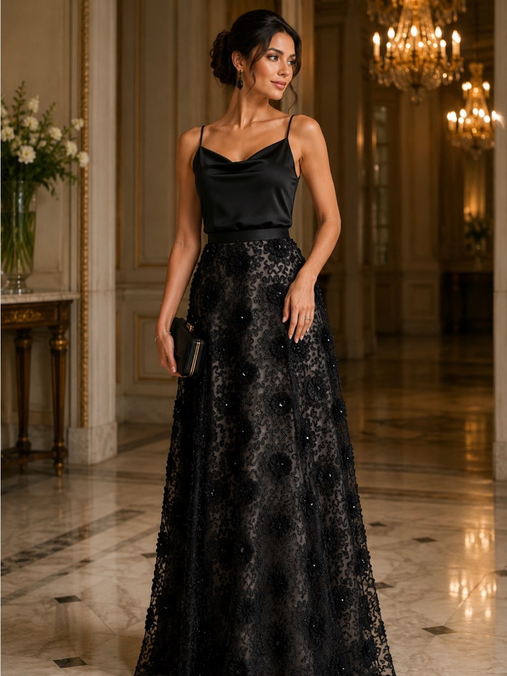 Black rosettes A-Line tulle dressy long skirt